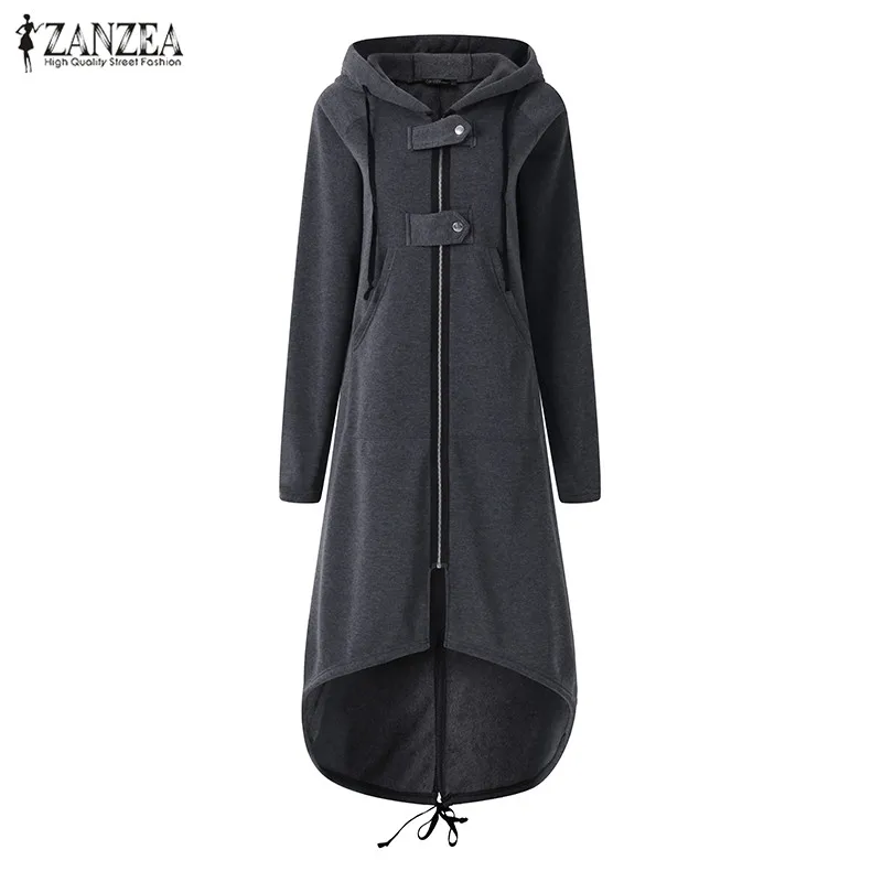 ZANZEA зимние Асимметричные куртки женские повседневные толстовки с капюшоном осенние однотонные толстовки на молнии длинные пальто с длинными рукавами женские