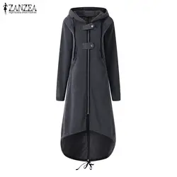2019 ZANZEA зимние Асимметричные куртки женские повседневные толстовки с капюшоном осенние однотонные толстовки на молнии длинные пальто с