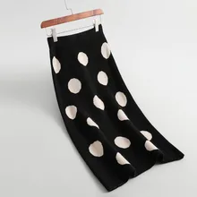 J295 зимний дизайн высокая талия большой горошек печати карандаш вязаная юбка Винтаж элегантный свитер Saias