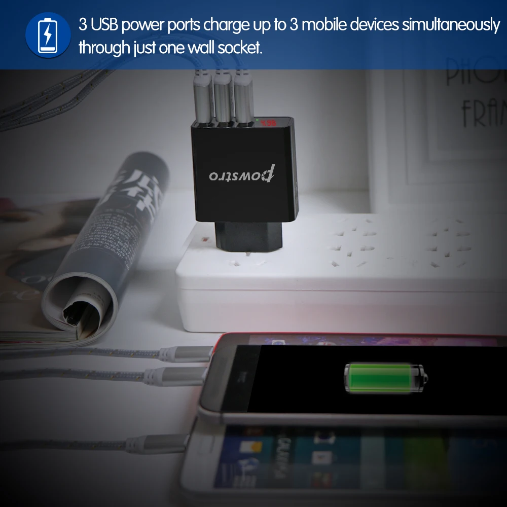 Powstro 5V 3A с 3 портами(стандарт путешествия Зарядное устройство EU Plug ЖК-дисплей интеллигентая(ый) цифровой Дисплей универсальный сетевой адаптер Напряжение ток для сотового телефона