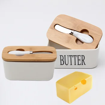 

Nordic Butter Box Ceramic Butter Sealing Plate with Wood Lid and Knife Cheese Food Storage Tray Kitchen Butter Dish Container
