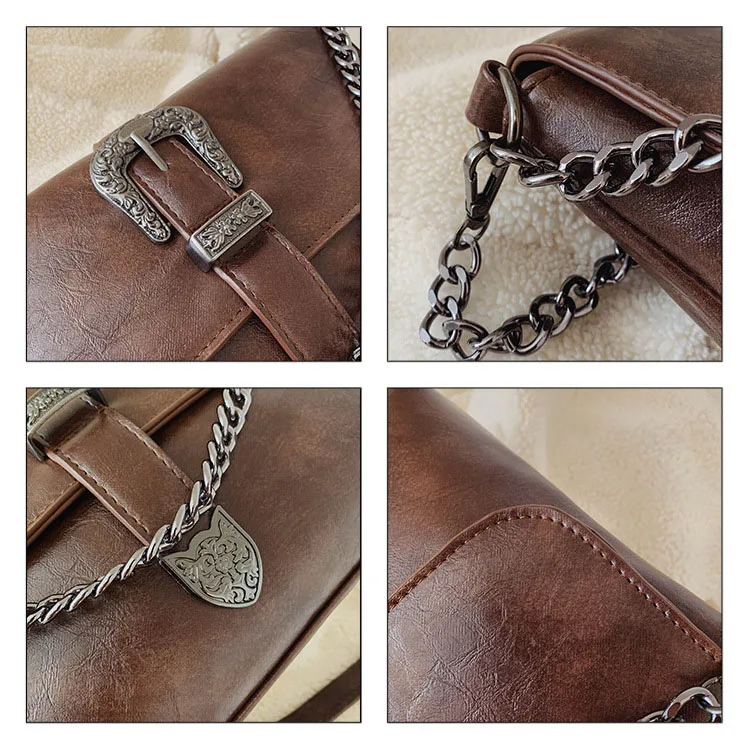Vintage Messenger Bags Women Leather Chain Cross Body Brand Bag for Female Shoulder Messenger Bags with Strap Buckle Brown Black (13)