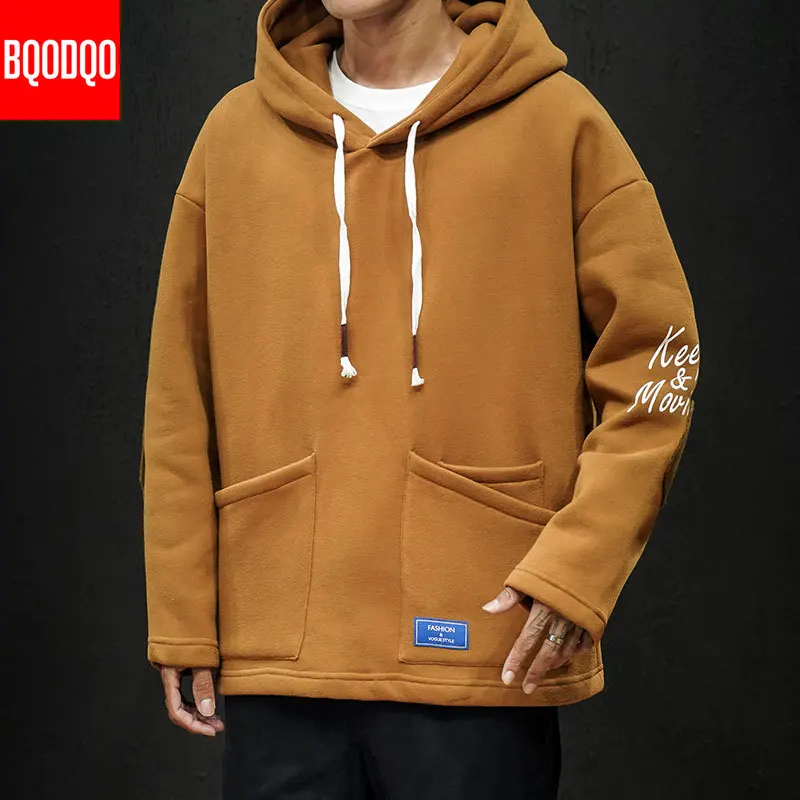 Goede Hooded Fleece Sweatshirts Hoodies Winter Mannen Streetwear Zwart College Fashion Heren Hoodie Print Hip Hop Katoen Harajuku Trui
