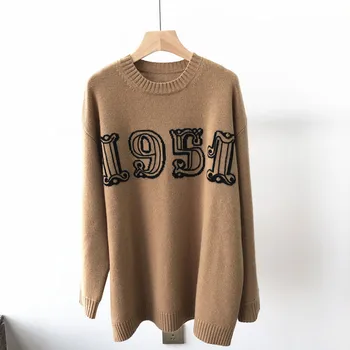 Fashion 100% Cashmere Women Sweater 2021 Winter Women New Style Jacquard O-Neck Long Sleeve Loose Mid-length Knit 1