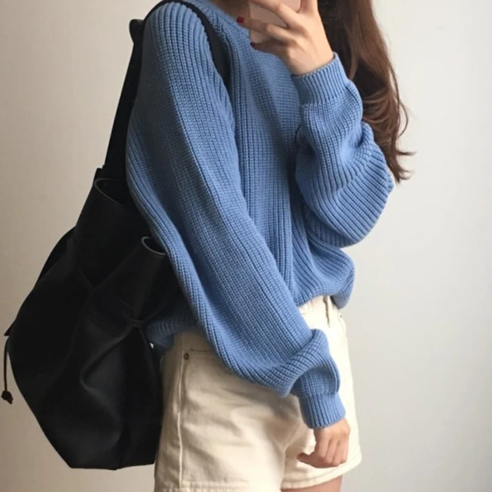 Retro blue OEAK осенний корейский модный Женский вязаный свитер с длинным рукавом, однотонный пуловер с круглым вырезом, джемпер, свободный свитер - Color: Retro blue