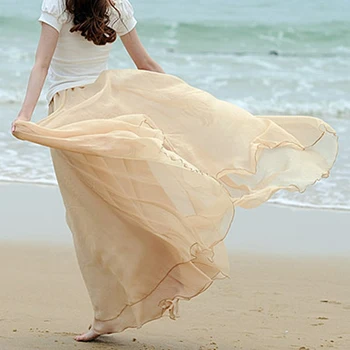 

Beach Skirt Women Solid Boho Double Layer Chiffon Maxi Skirt Long Skirts Elastic Waist Beach Skirts