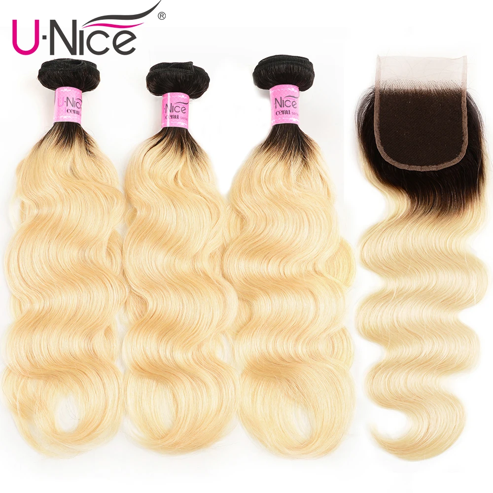 Волосы UNICE бразильские человеческие волосы 2 тона омбре с темными корнями светлые волосы 3 пучка с кружевной застежкой 1B/613 объемный волнистый цвет, волосы, ткань