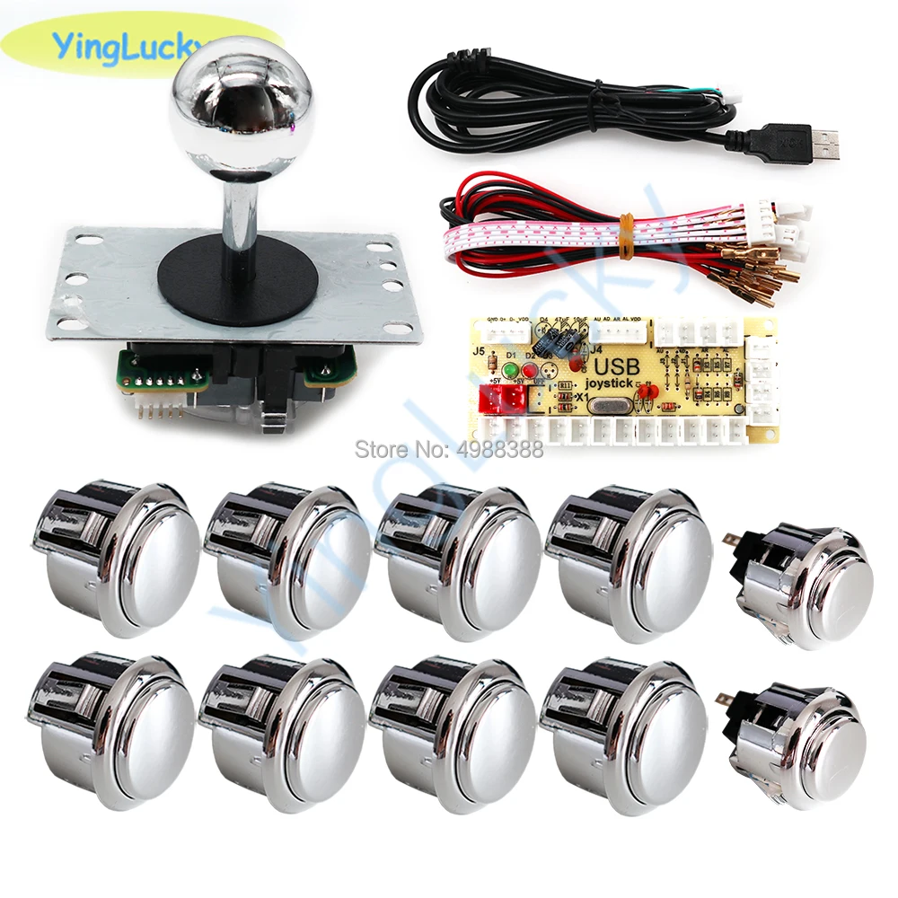 Venta al por mayor + Nuevo kit + botón plateado de 30mm + botón de 24mm + joystick LED5V + caja pandora 9D