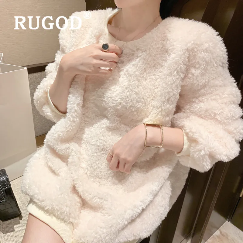 RUGOD Милая Толстовка ярких цветов из овечьей шерсти Женская мода зима весна о-образный вырез длинный рукав пуловер Свободный толстый пушистый топ