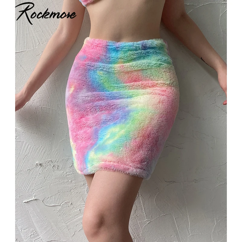 Rockmore Tie Dye пушистая мини юбка женская цветная Радужная сексуальное с завышенной талией микро юбка выше колена юбки для женщин s ночной клуб