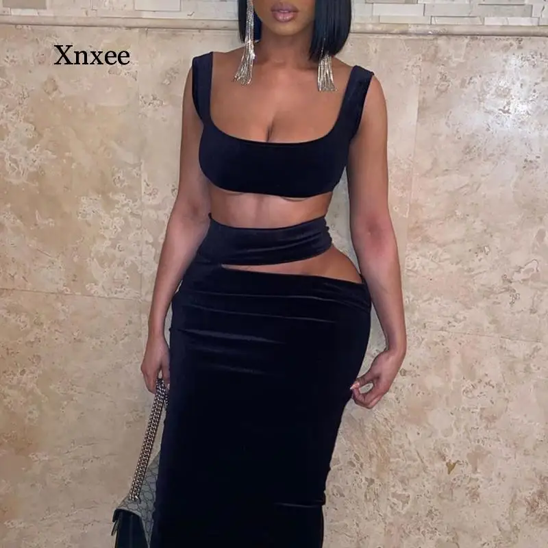 

Sexy Irregular Hollow Skirt Two-Piece Cut Out Female Gold Velvet Suit Fashion Vintage Women Clothing Black Bodycon Elastic Set