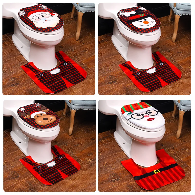 

New Christmas decorations creative set Santa toilet two piece cartoon red and black check toilet mat