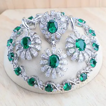 Women Bridal Jewelry Sets 925 Sterling Silver Green Zircon Wedding Jewerly Earrings Rings Stones Bracelets Pendant Necklace Set 1