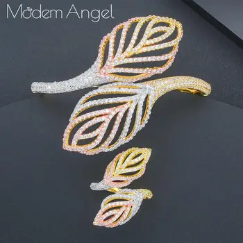 

ModemAngel Luxury leaves Rhinestones Wedding Jewelry Sets Cubic Zircon Three Color Copper Bracelets Bangle Ring