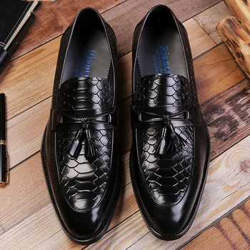 

New Arrival Snake Pattern Tassel Business Formal Shoes Men Slip-on Dress Shoes Genuine Leather Men's Wedding Shoes