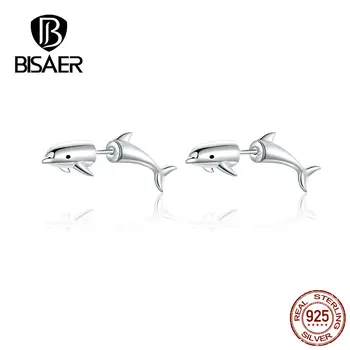 

BISAER Stud Earrings Real 925 Sterling Silver Animal Dolphin Shape Earrings for Women Enamel Zirconia Fashion Jewelry HVE184