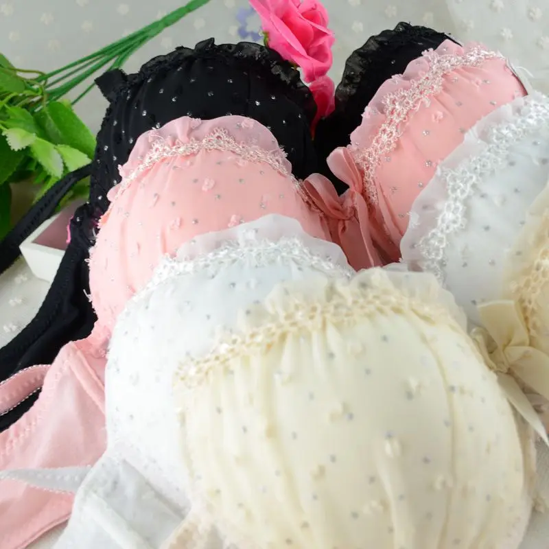 

Dot printed padded bra rim bra women's lace bow push up bra set