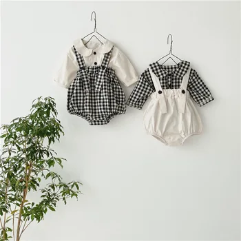 

Baby girls cute doll shirt and plaid bodysuit 2pcs suits baby cotton all-match outfits infant kids clothing sets