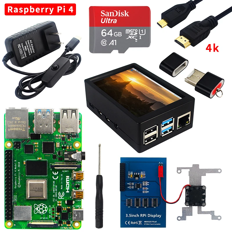 Raspberry pi 4 modelo b kit 2gb/4gb/8gb ram + cartão sd caso ventilador de refrigeração 4k hd cabo de vídeo + fonte de alimentação para raspberry pi 4b