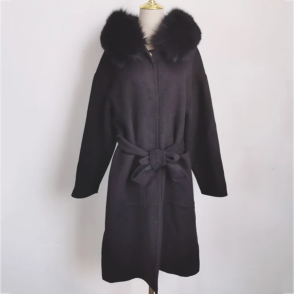 black long Осень-зима кашемировый Тренч куртка Для женщин Повседневное черный, белый цвет пальто в клетку с поясом, Толщина с мехом с капюшоном куртки с карманами - Цвет: black long