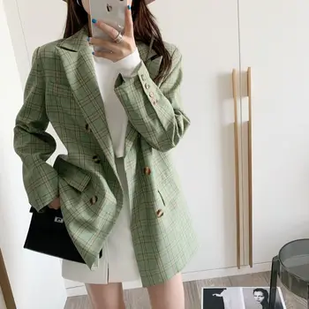 

GRUIICEEN elegant plaid pattern jacket coat women autumn new double breasted outerwear jacket GY201998