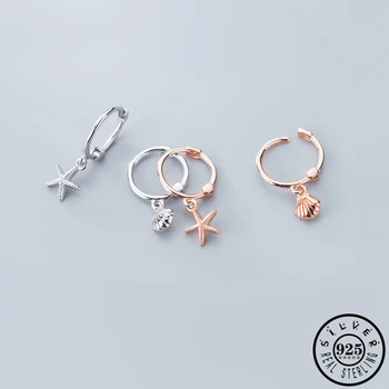 

925 Sterling Silver Asymmetrical Small Shell Starfish Pendant Hoops Earings Rose Gold Color Plated Ear Rings Earrings for Women