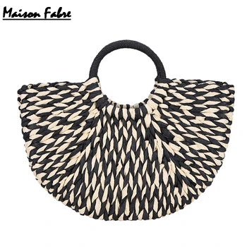 

Maison Fabre Satchel Black And White Weaving Women Beach Seaside Straw Women Leather Handbags Lady Travel Color Woven Tote Bag