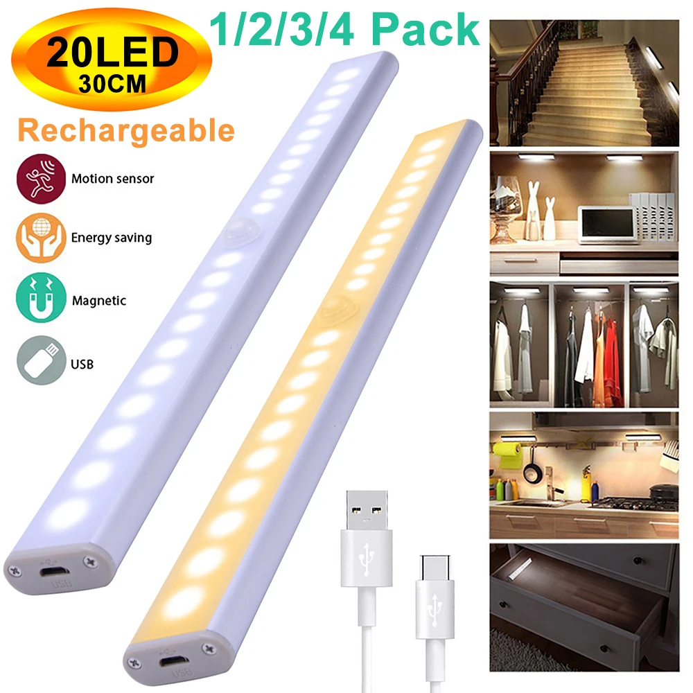 

30cm PIR Under Cabinet Light USB Rechargeable Motion Sensor Closet Lights Magnetic Stick-on Cordless 24 LED Night Light Bar D30
