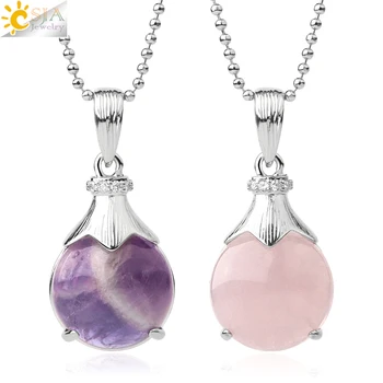 

CSJA Natural Crystal Stone Pendant Necklaces Pink Quartz Flatback Hollow Tiny Pendants Reiki Charm Jewelry for Women Collar G553