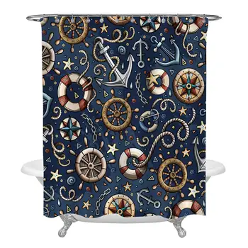 

Cartoon Nautical Marine Pattern Bathroom Shower Curtain, Hand-Drawn Colorful Nautical Objects Kids Room Decoration, Dark Blue,