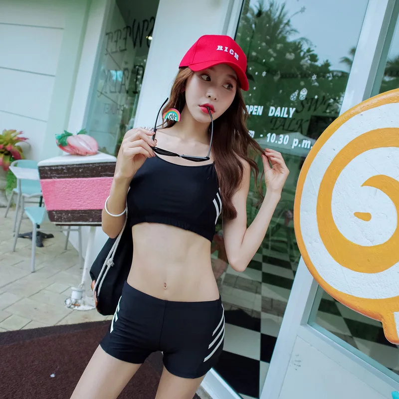 

Swimming Suit Student Conservative Cool Trend Fitness Sports Casual Split Type Boxer Three-piece Set Swimwear Large Size