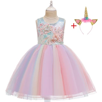 

Kids Unicorn Dress For 4 6 8 10 Year Girl Flower Embroidery Gown Princess Dresses Children Party Rainbow Clothing Costume Set
