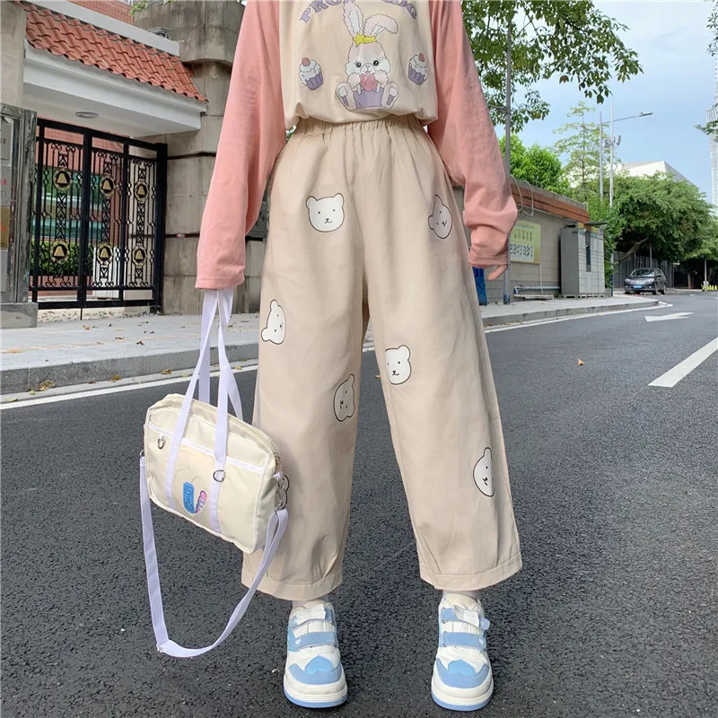 Japanese Kawaii  Soft Girl Cute Bear Printing Women Pants Basis Wild High Waist Loose Trousers Elastic Waist Casual Student Pant
