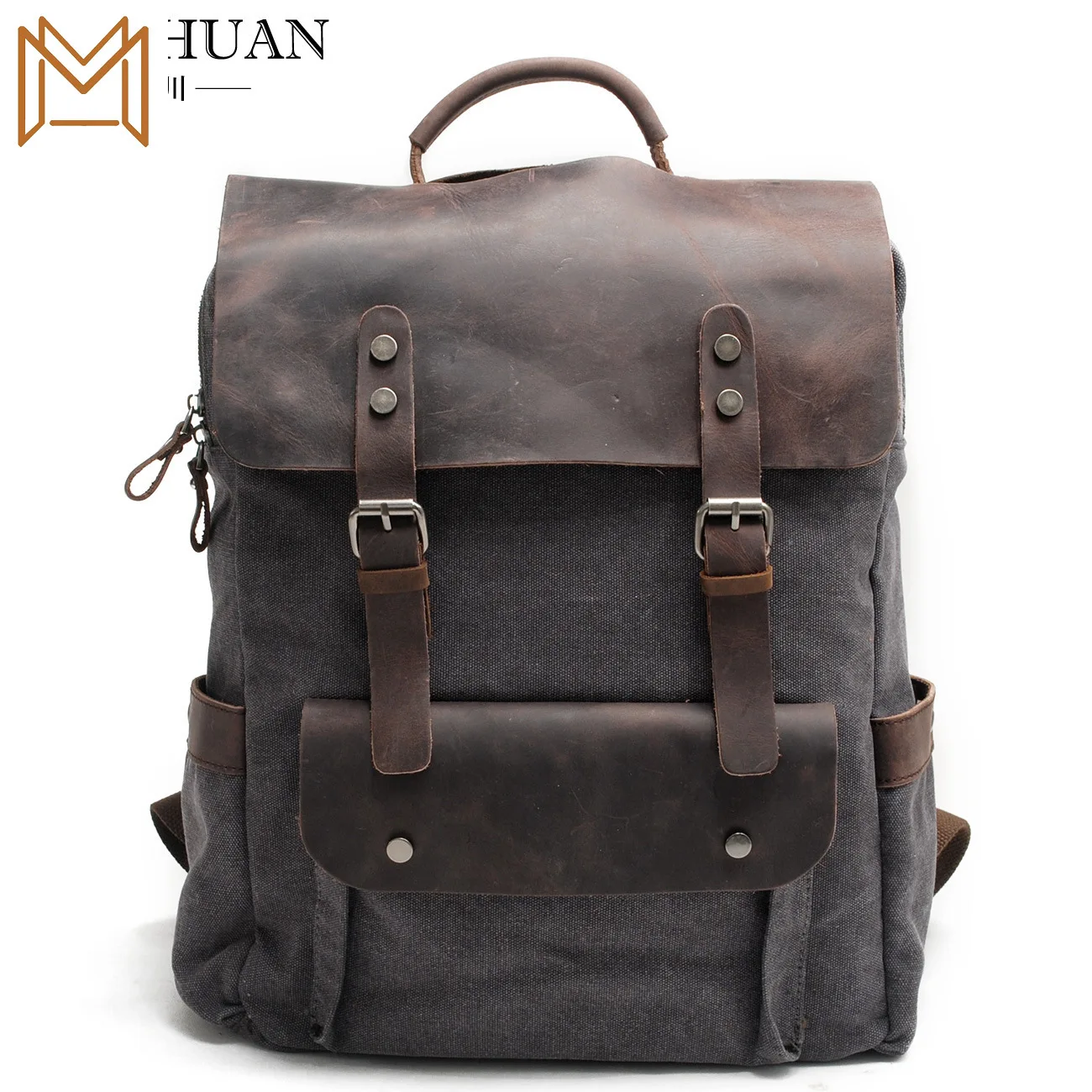 

Canvas Both Shoulders Package School Wind Bag Pure Cotton Canvas Match Head Layer Crazy Horse Leather Bag