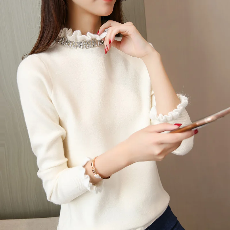 2019 new Autumn and winter long sleeved head fungus collar sweater female Korean version of slim solid knit shirt | Женская одежда
