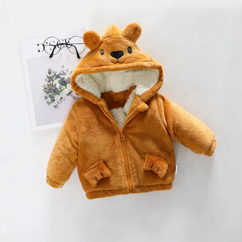 brown CROAL CHERIE/зимнее пальто для маленьких мальчиков; куртка с милым медведем; теплая одежда; флисовое бархатное зимнее пальто для девочек; Верхняя одежда; цвет белый, коричневый - Цвет: brown