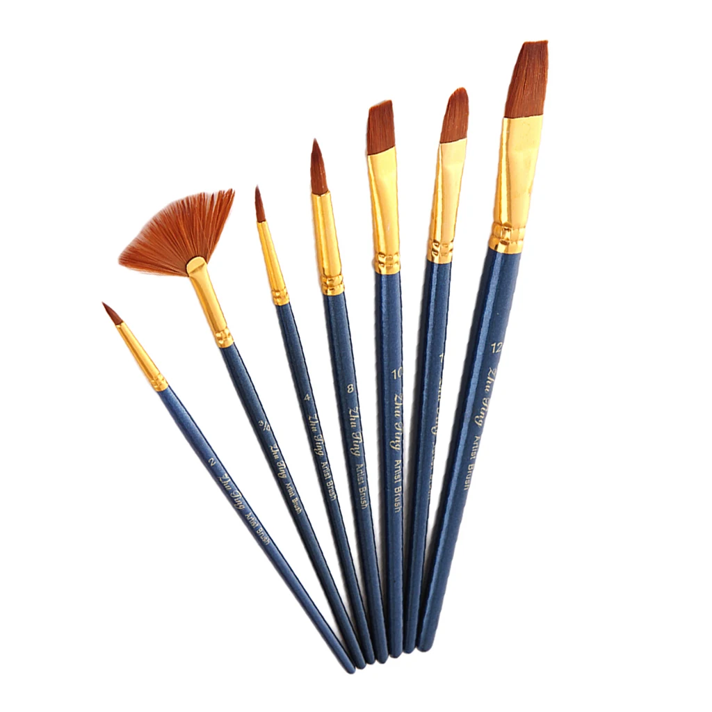 7Pcs Pointed-Round Fan Shaped Paintbrush Set Nylon Hair Artist Paint Brushes