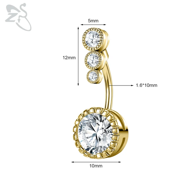 ZS 1 Piece Gold Color Stainless Steel Belly Ring Flower Heart CZ Crystal Navel Belly Button Rings Butterfly Navel Piercings 14G Style 8