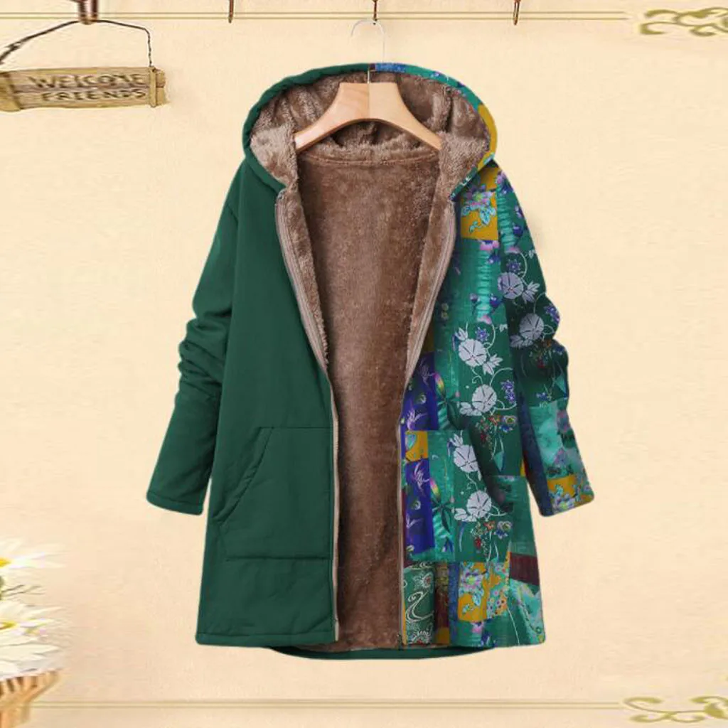Female Jacket Plush Coat Womens Windbreaker Winter Warm Outwear Print Hooded Pockets Vintage Oversize Coats Plus Size L-5XL