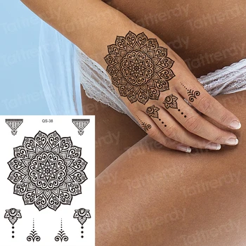 

Black Lace Henna Temporary Tattoo Sticker for Women Hand Jewelry Mandala Tattoo Paste Waterproof Body Fake Tattoo Stickers