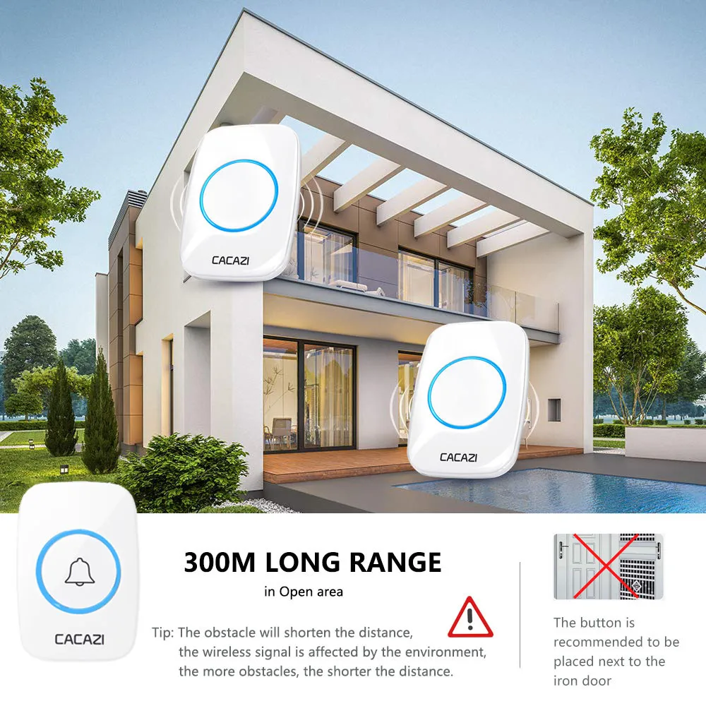 CACAZI 60 Chime 110DB беспроводной дверной звонок Водонепроницаемый 300 м Пульт дистанционного управления EU AU UK US штекер домашний дверной звонок батарея 1 Кнопка 1 2 3 4 Приемник