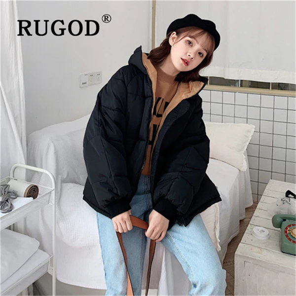 RUGOD Korean solid cotton women coat Fashion Plus Size Down Jacket Auturm winter Thicken Warm Cotton outwear parka overcoat - Цвет: Черный