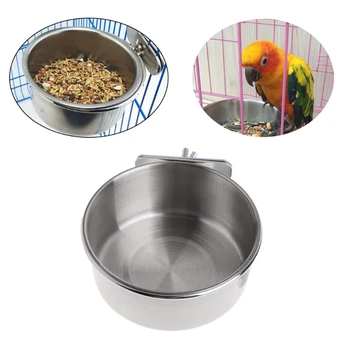 

Food Water Feeding Bird Cups With Clamp Stainless Steel Parrot Cage Stand Holder LX9C