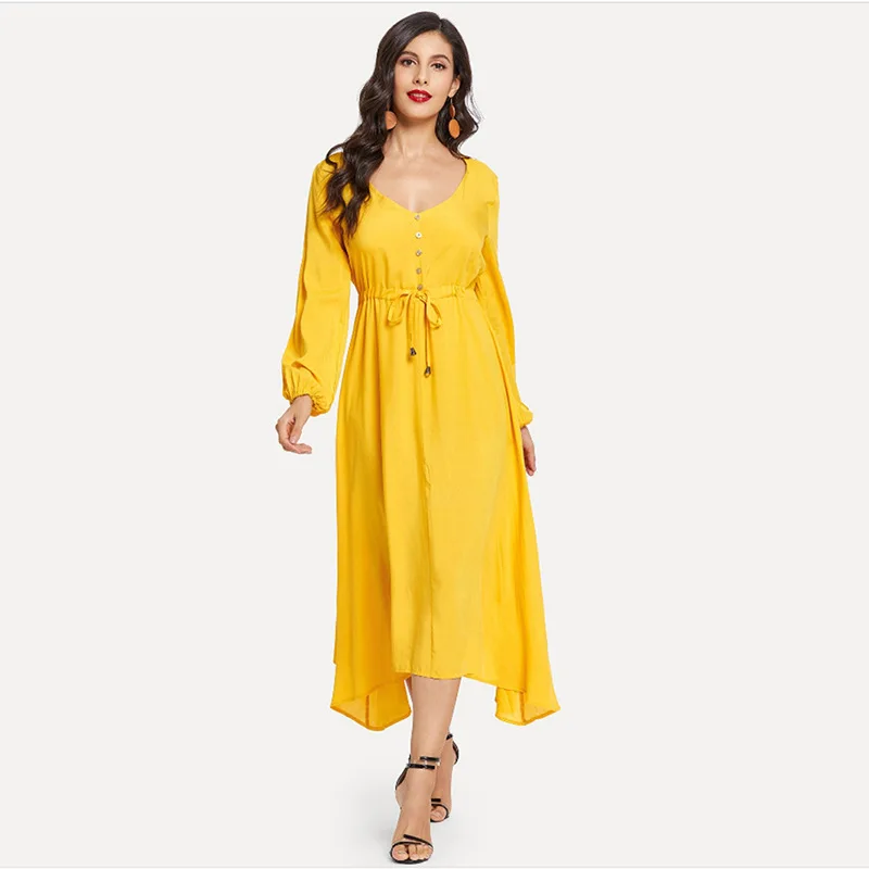 

Hot Sales 2019 Spring New Style WOMEN'S Dress V-neck Waist Pendant Single Breasted Long-sleeved Dress