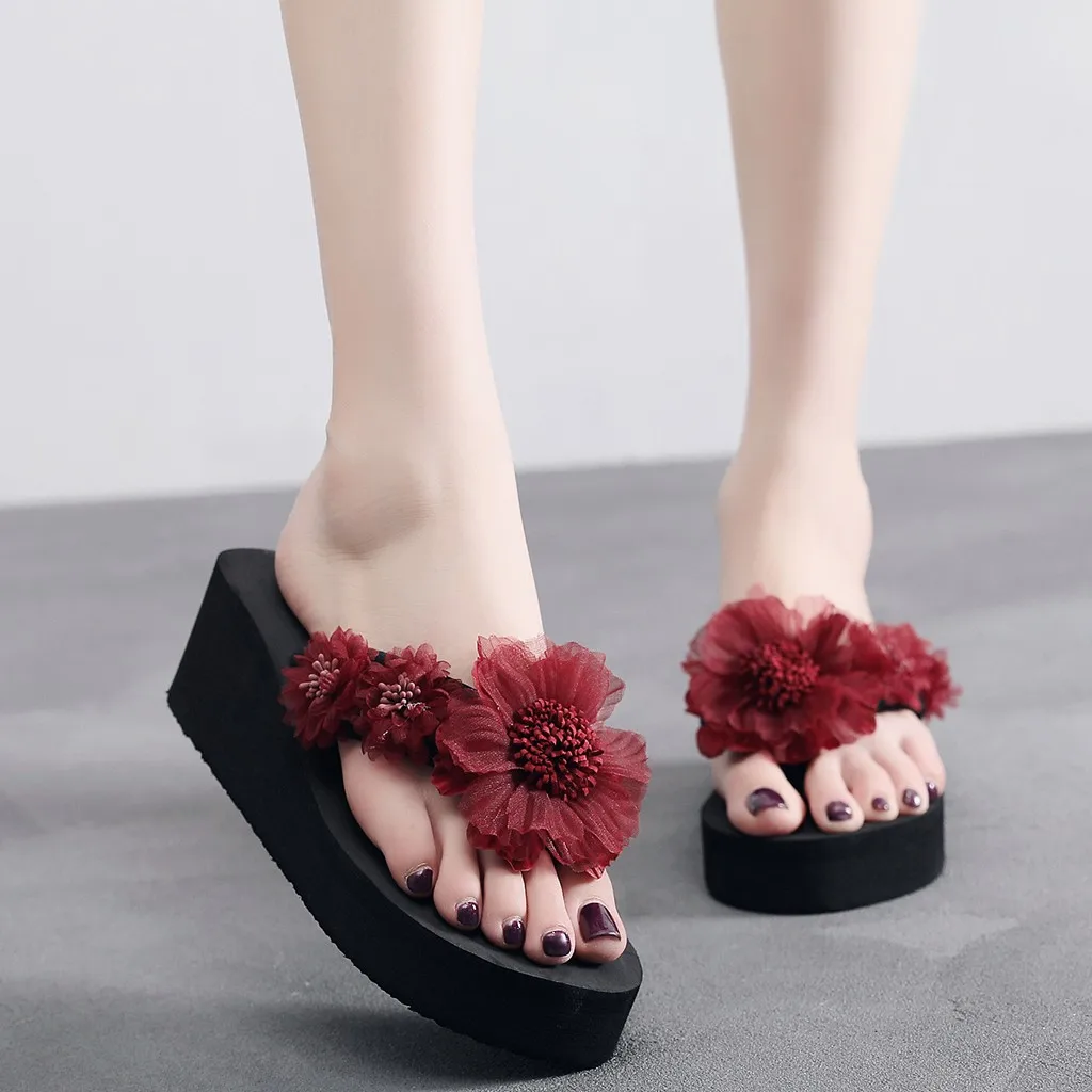 SAGACE Women Summer High Heel Platform Slippers Ladies 2020 Bohemia Flower Beach Flip-Flops Wedge Thongs Slipper Sandal | Обувь