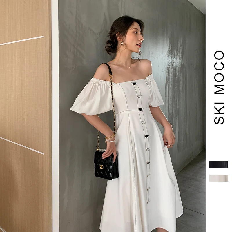 

High Quality Fashion Designer Runway Chiffon Dress Women French Elegant Lantern Sleeve Square Neck A Line Dresses Vestidos
