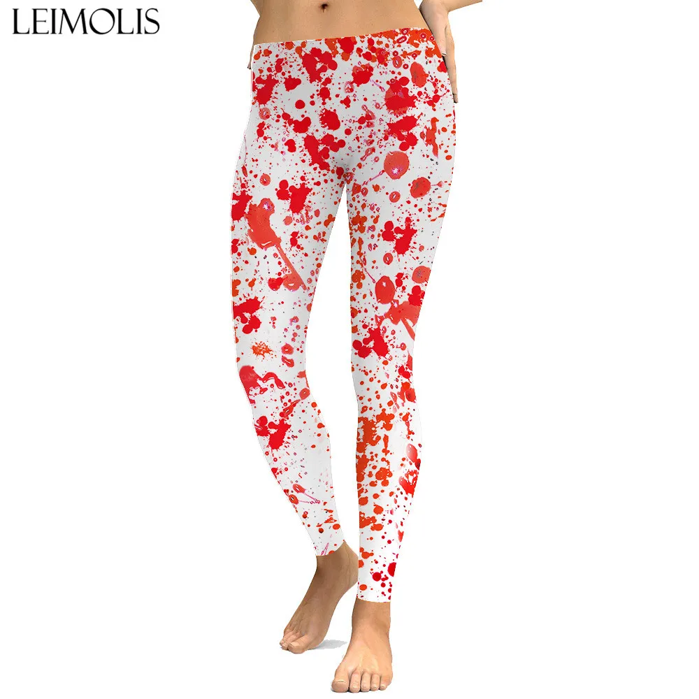 

LEIMOLIS sexy gothic red Blood white print push up leggings plus size women fitness workout punk high waist spandex leggins