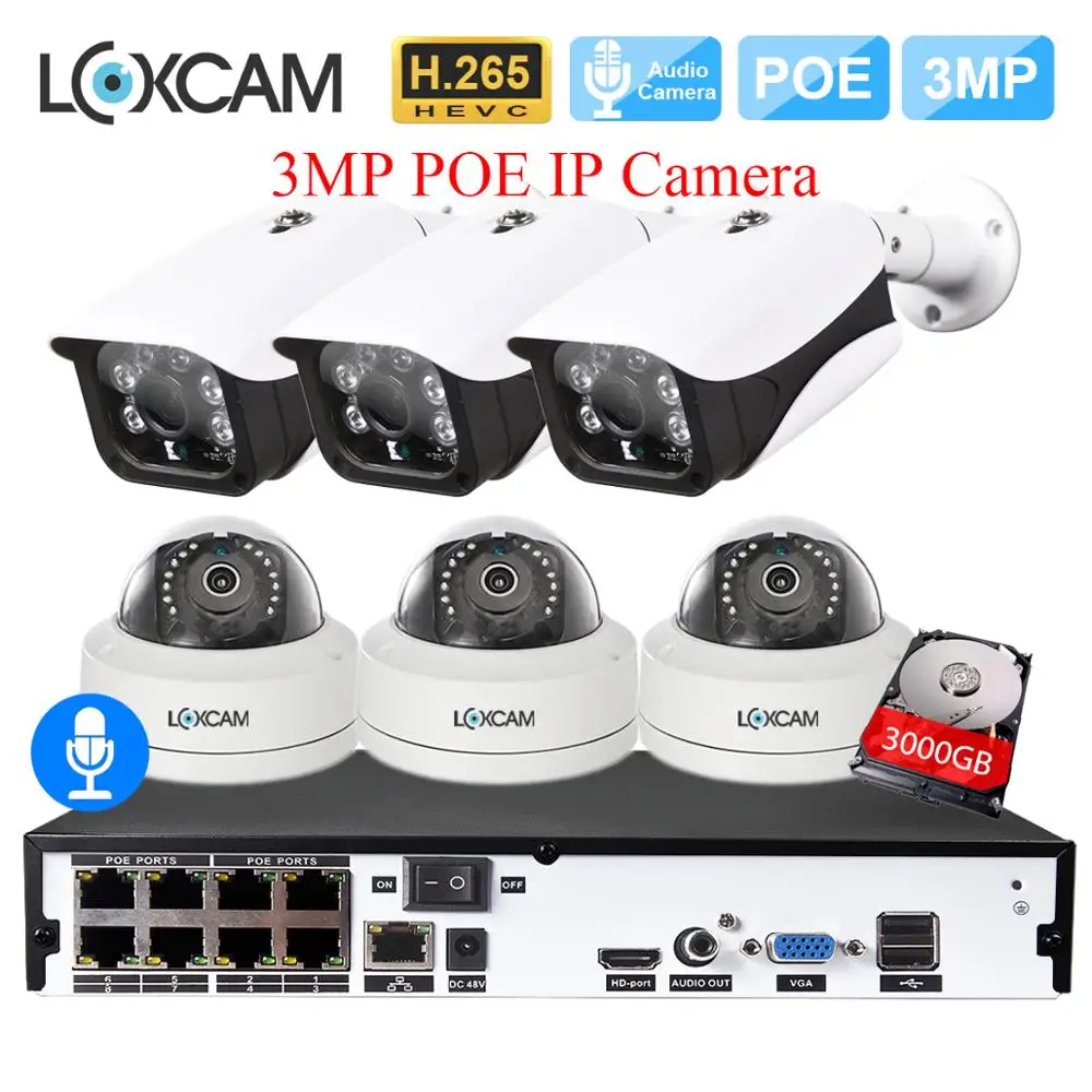 8CH NVR x 6 Cameras LOXCAM H.265+ система видеонаблюдения 8CH POE NVR комплект 48 В 3MP внутренняя наружная камера безопасности Система 3MP ночного видения POE комплект ip-камеры Onvif - Цвет: 8CH NVR x 6 Cameras