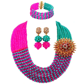 

Majalia classic fashion Nigerian wedding African jewelry set Hot pink and Aqua blue crystal necklace bridal jewelry sets 8jb-18