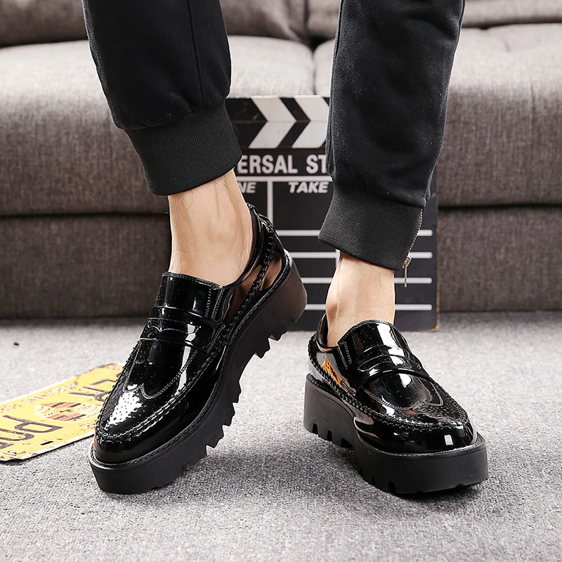 Zapatos informales de plataforma para hombre, mocasines de charol oxford sin cordones, color negro, para boda y - AliExpress